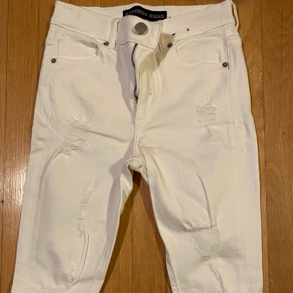 Express distressed high-rise ankle jegging, white, size 2